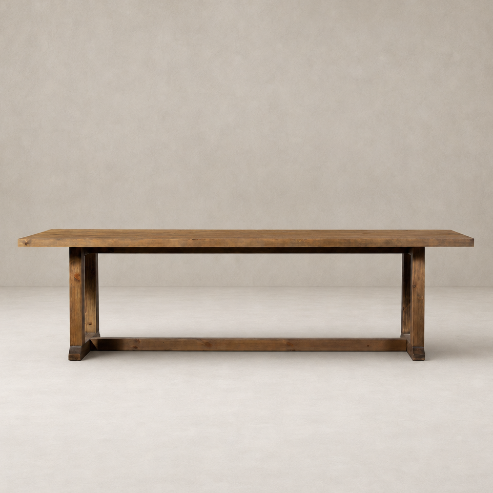Landsbury Dining Table in waxed pine with a rustic, sturdy design and smooth finish.