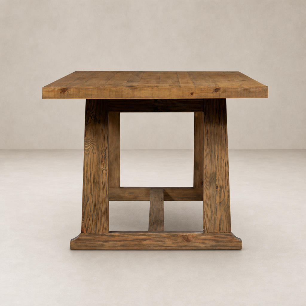 Landsbury Dining Table in waxed pine with a sturdy, rustic design and smooth finish.