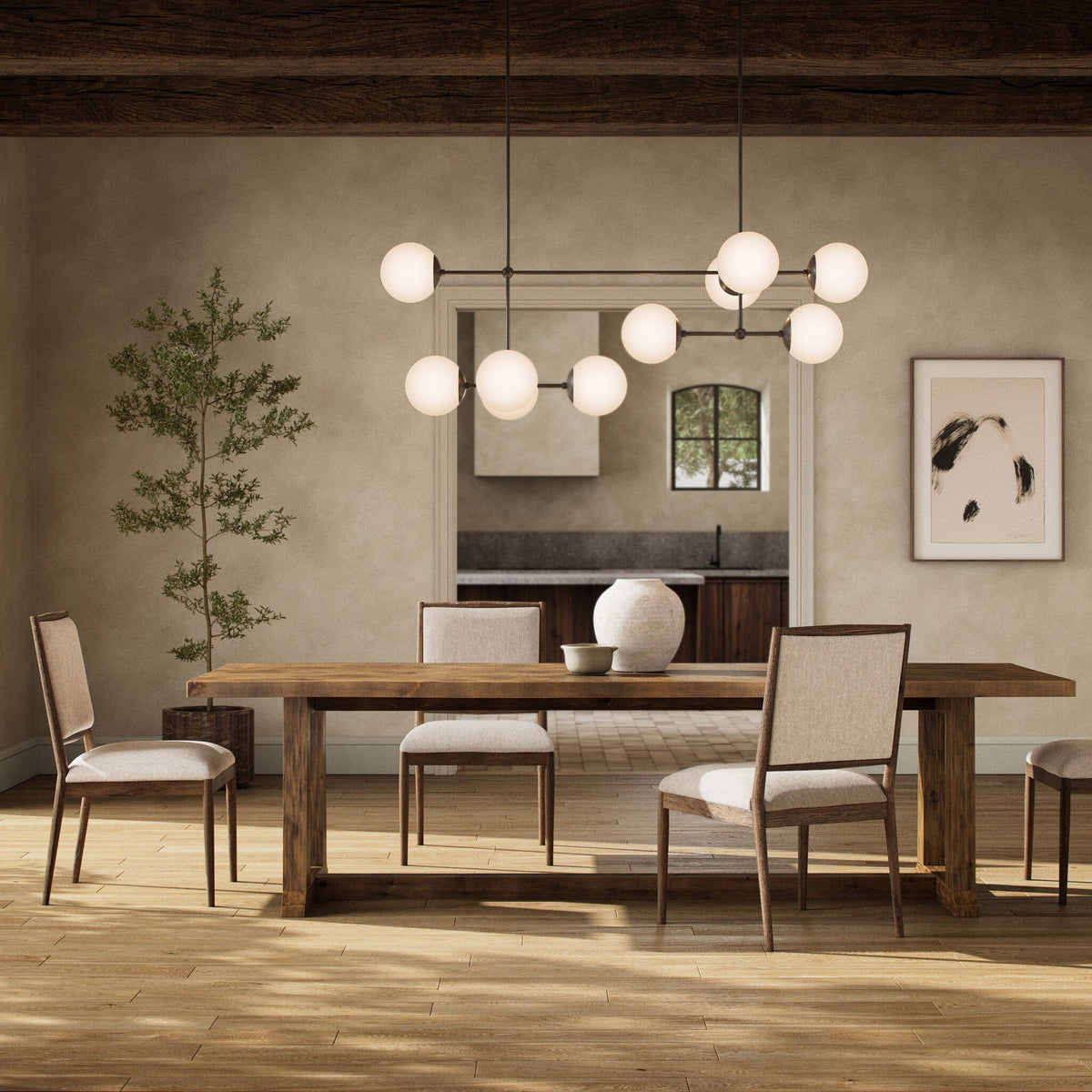 Landsbury Dining Table in waxed pine, featuring a rustic design in a modern dining setting.