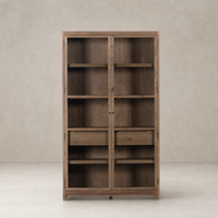 Stylish Kyra Cabinet in drifted oak with glass doors and spacious shelves.