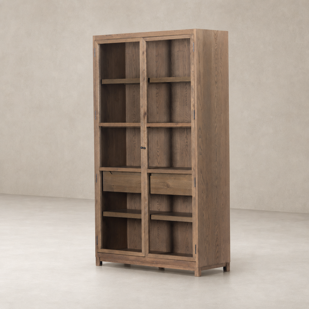 Kyra Cabinet in drifted oak featuring spacious shelves and a modern design.