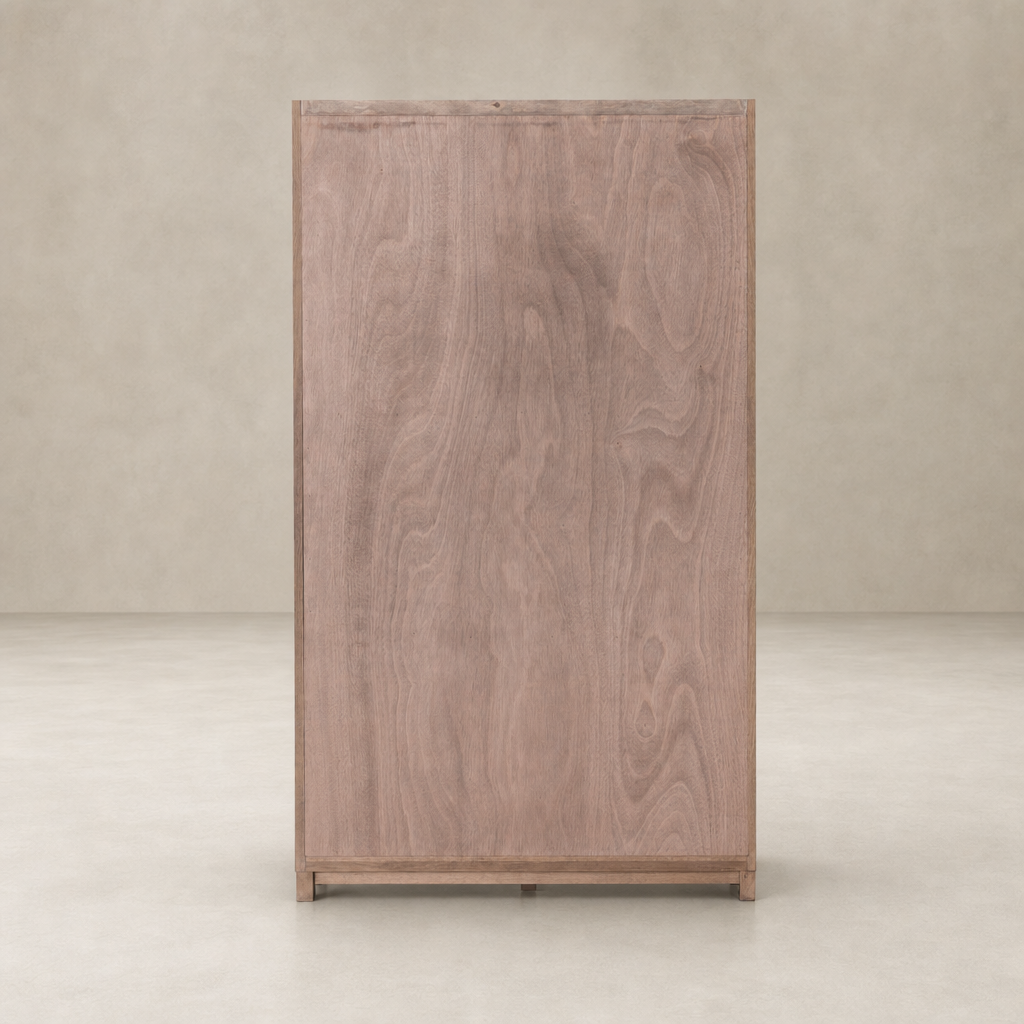 Kyra Cabinet in Drifted Oak with a sleek, modern design and textured wood finish.