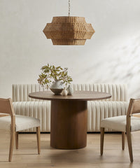 Front view of Roseto Dining Chair featuring a soft fabric seat and elegant wooden frame.