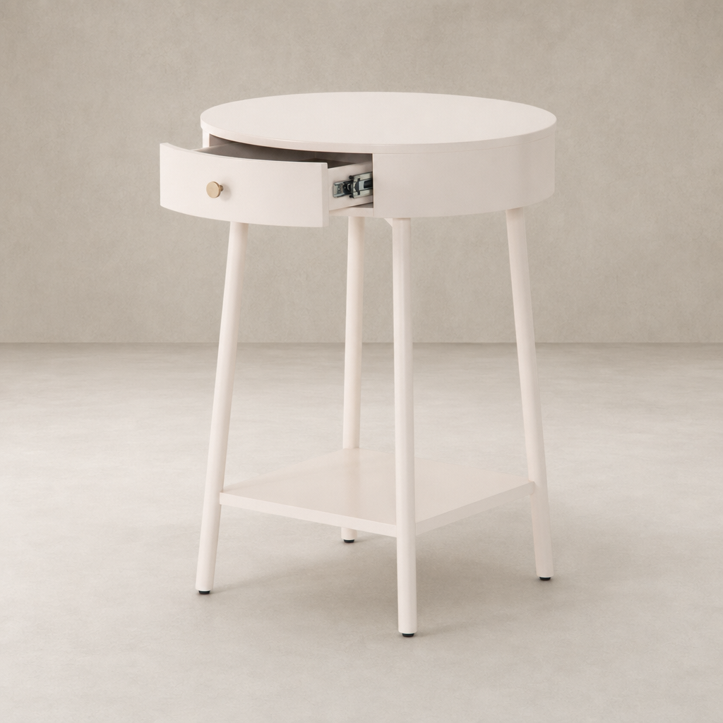 Finn Nightstand features a round top, single drawer, and open lower shelf.