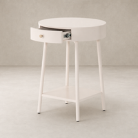 Finn Nightstand features a round top, single drawer, and open lower shelf.