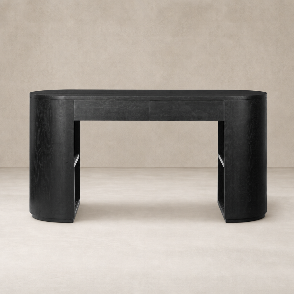 Stylish Birch Desk in brushed ebony oak with a curved design and two spacious drawers.