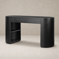 Brushed Ebony Oak Birch Desk featuring sleek lines and ample storage space.