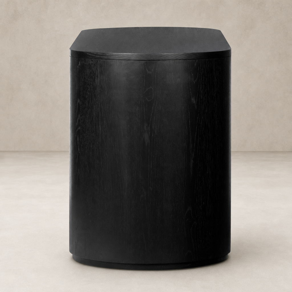 Brushed Ebony Oak Birch Desk with a sleek, modern cylindrical design.