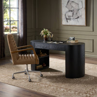 Curved Birch Desk in Brushed Ebony Oak with shelves, styled in an elegant home office.