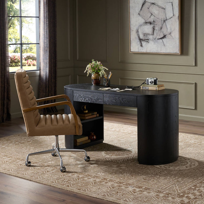 Curved Birch Desk in Brushed Ebony Oak with shelves, styled in an elegant home office.