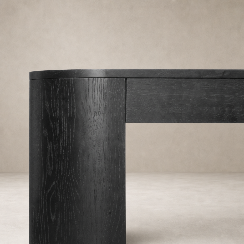 Brushed Ebony Oak Birch Desk with smooth, rounded edges and contemporary design.