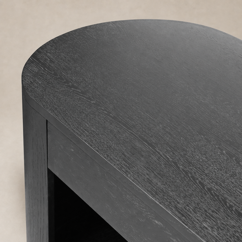 Brushed Ebony Oak Birch Desk featuring smooth, rounded edges and rich wood texture.