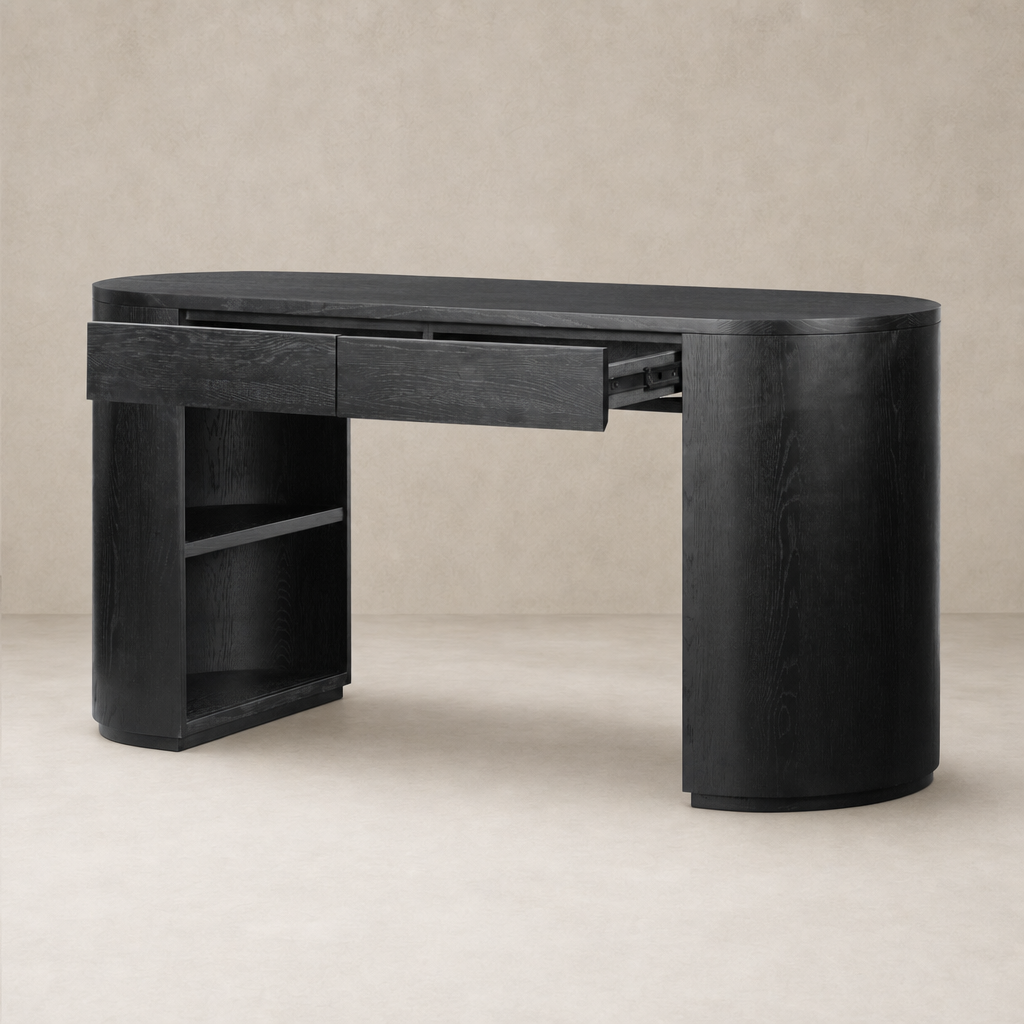 Brushed Ebony Oak Birch Desk featuring rounded edges and convenient storage drawers.