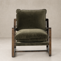Sawyer Chair in Surrey Olive with plush cushions and warm wooden frame.