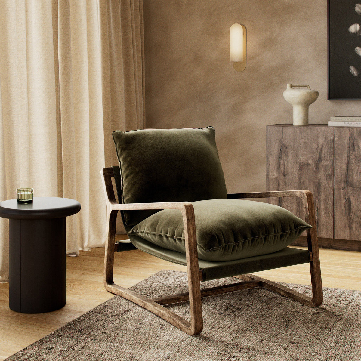Stylish Sawyer Chair in Surrey Olive with plush cushions and natural wood frame.