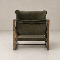 Sawyer Chair in Surrey Olive featuring plush cushions and a rustic wooden frame.