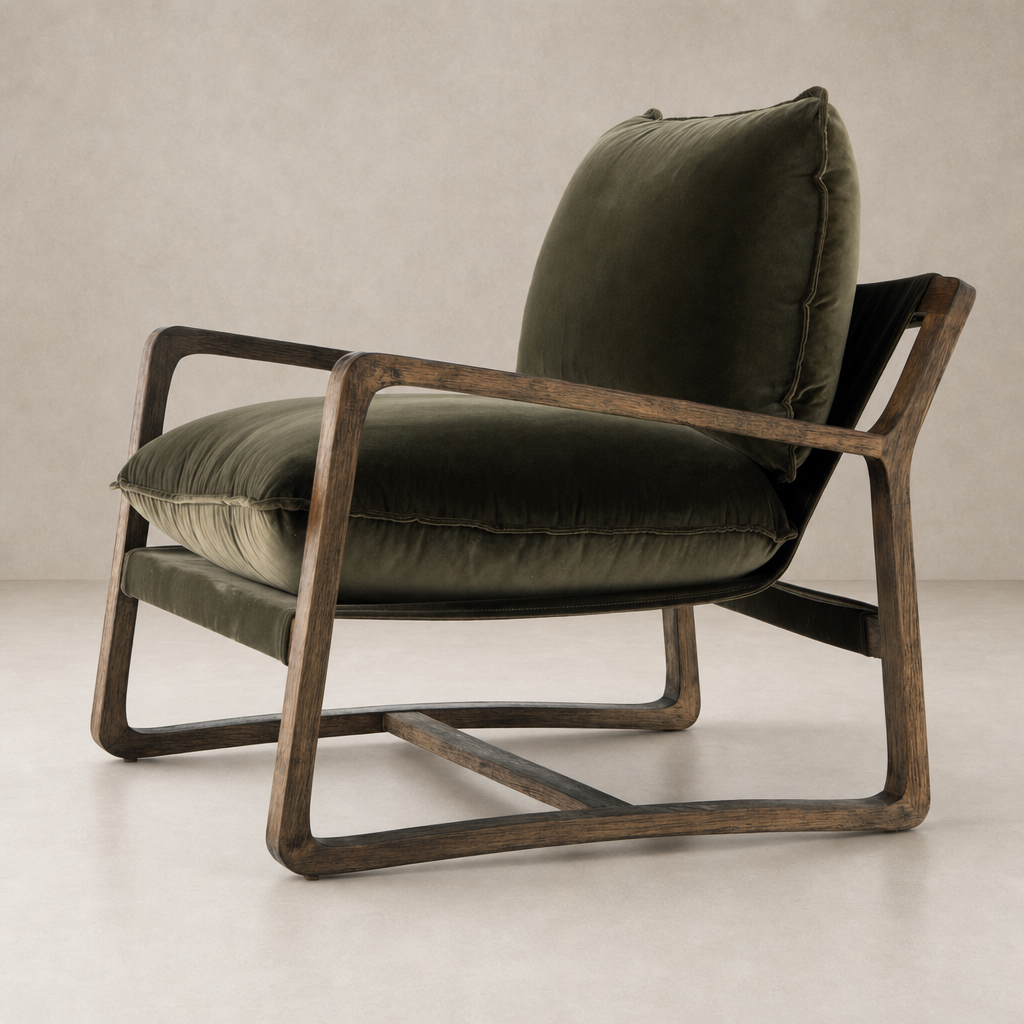 Surrey Olive Sawyer Chair featuring a plush cushion and stylish wooden frame.
