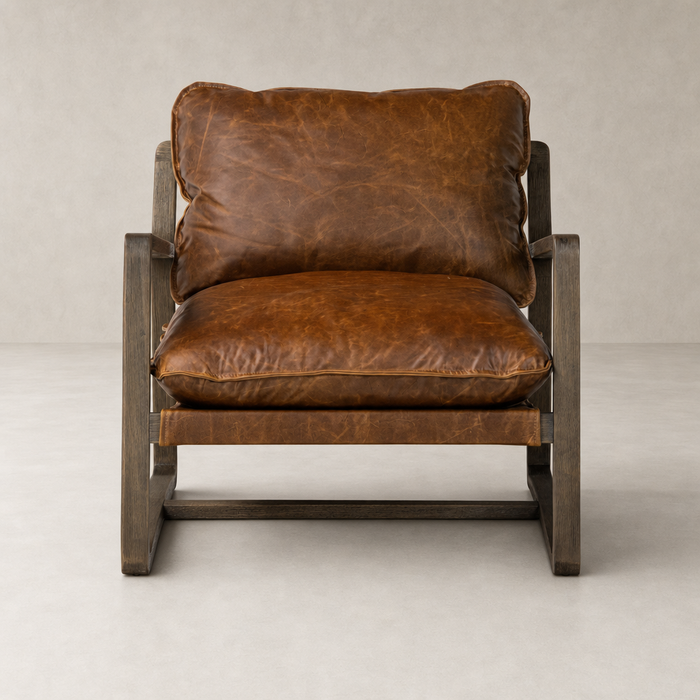 Sawyer Chair in Raleigh Chestnut featuring a thick, cushioned leather seat and sturdy wood frame.