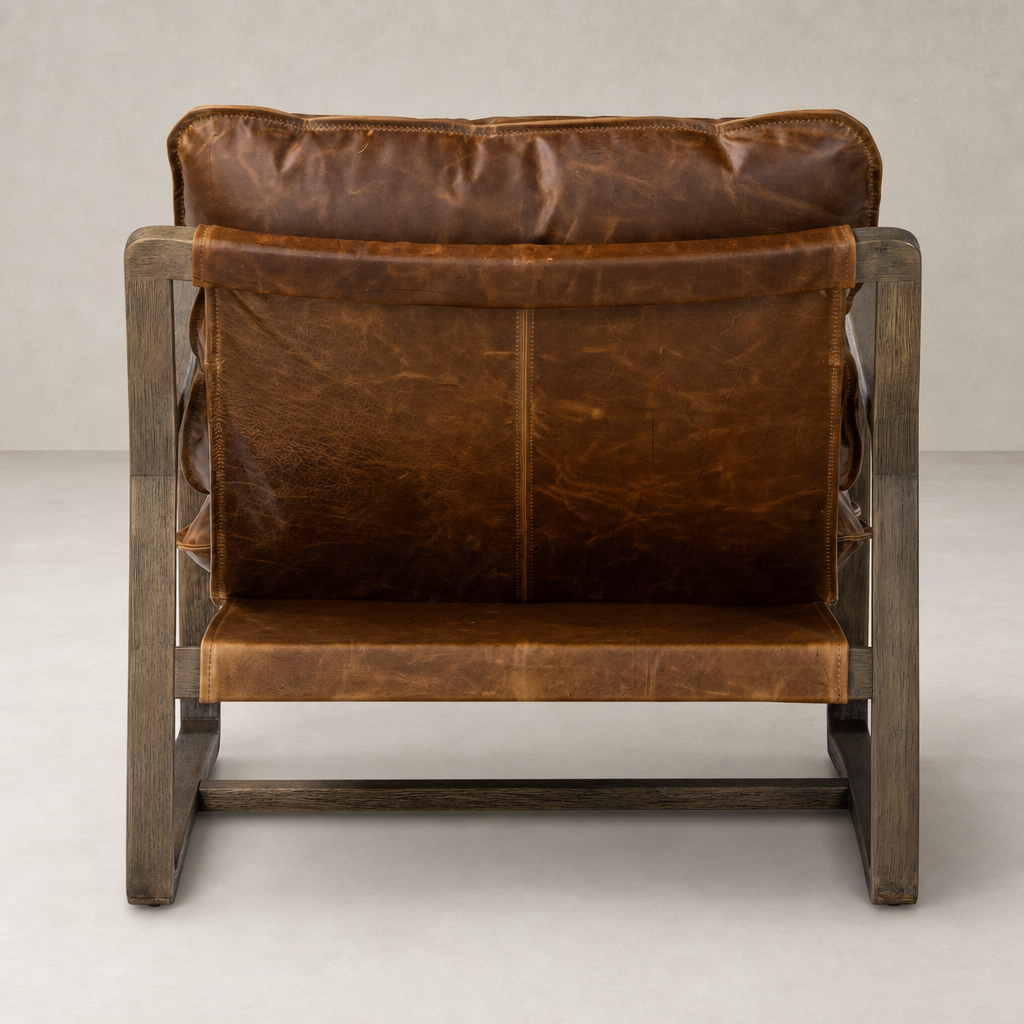 Sawyer Maple Chair in Raleigh Chestnut with rich leather and wood frame.