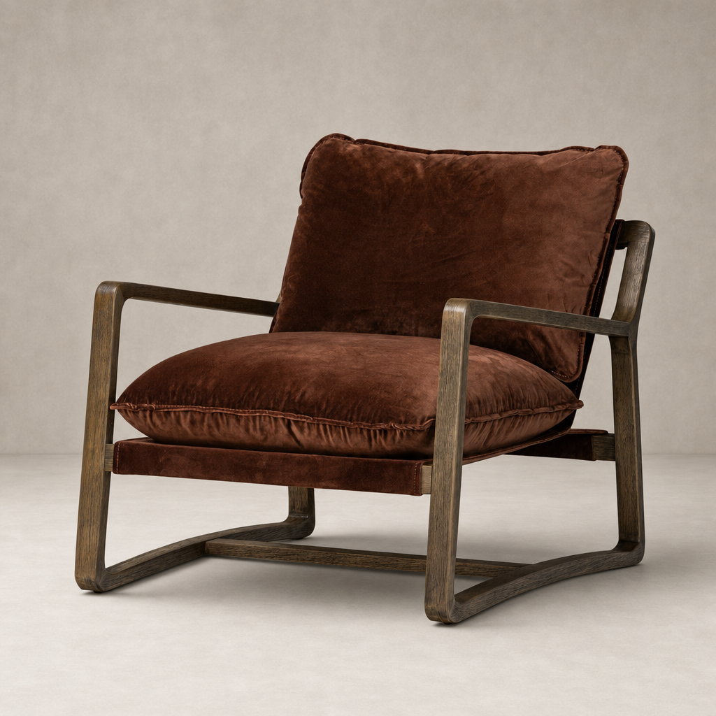 Stylish Sawyer Chair in Surrey Auburn with plush cushions and sleek wooden frame.
