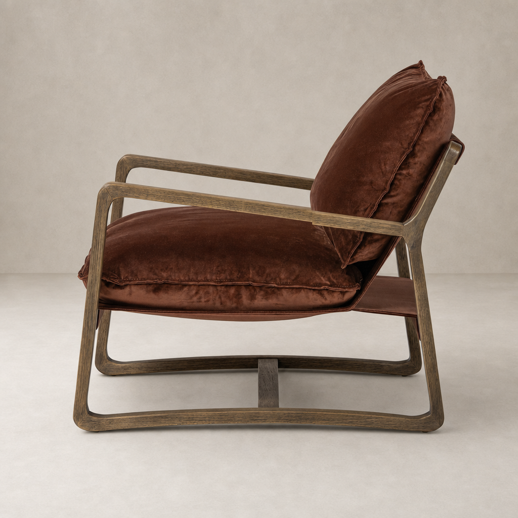 Sawyer Chair in Surrey Auburn with plush cushions and a sleek wooden frame.