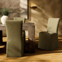 Sierra Slipcovered Dining Chair in Broadway Olive, featuring a sleek, modern design.