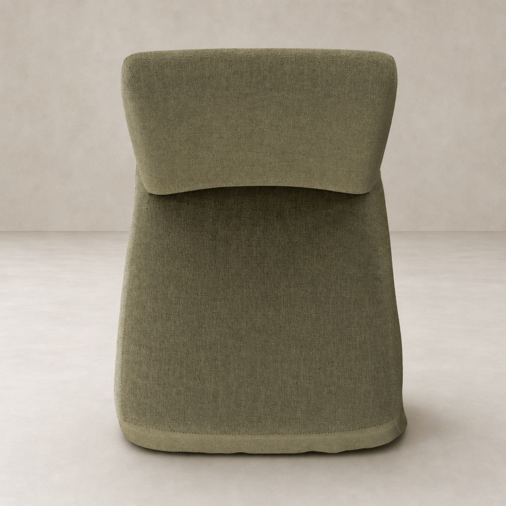 Sierra Slipcovered Dining Chair in Broadway Olive with soft, textured fabric and modern shape.