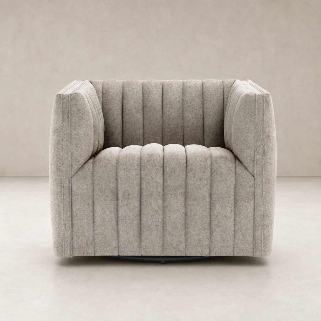 Auden Swivel Chair in Orly Natural with textured upholstery and modern design features.