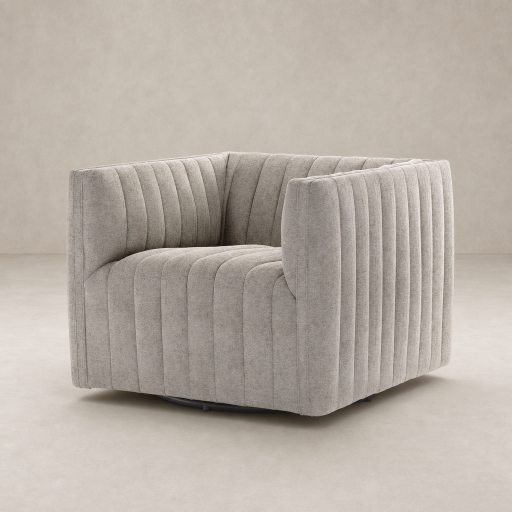 Auden Swivel Chair in Orly Natural featuring a unique ribbed design and soft fabric.