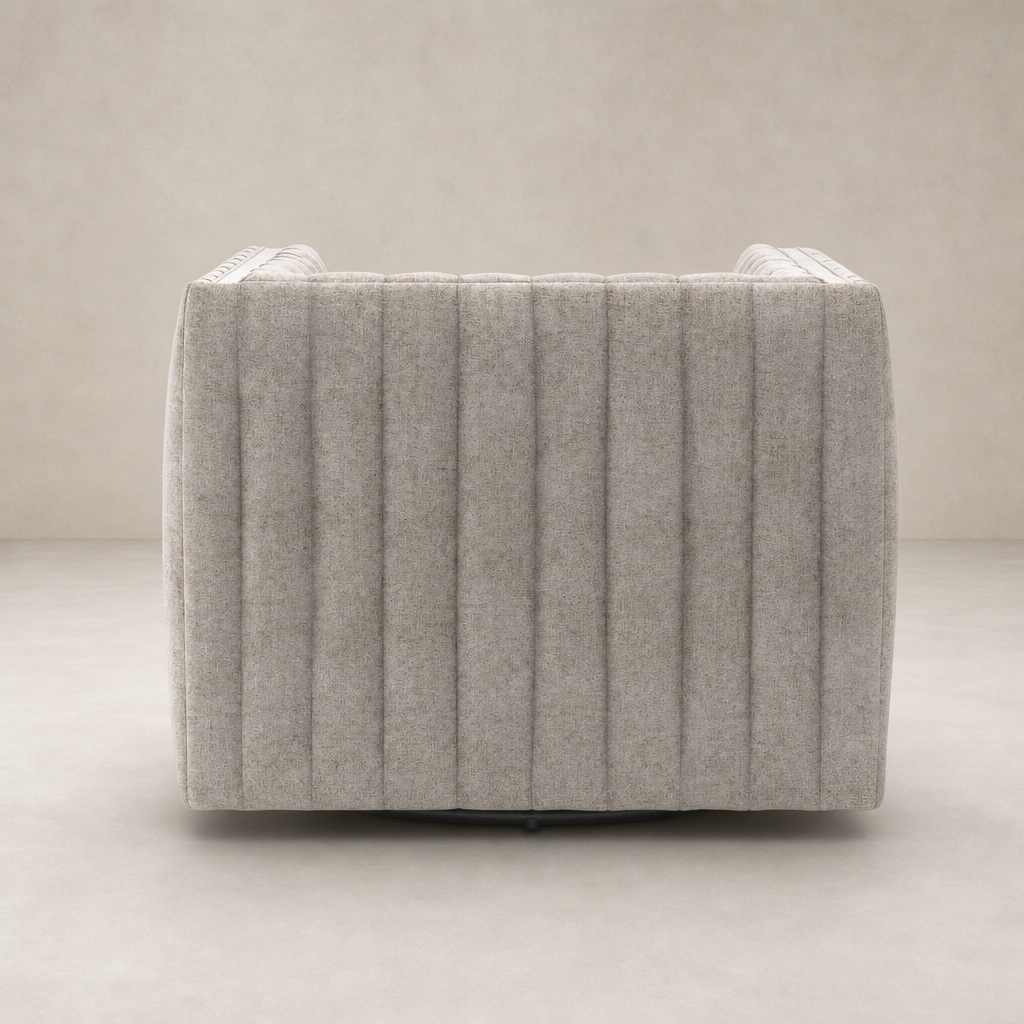 Auden Swivel Chair in Orly Natural with textured vertical stripes and sleek design.
