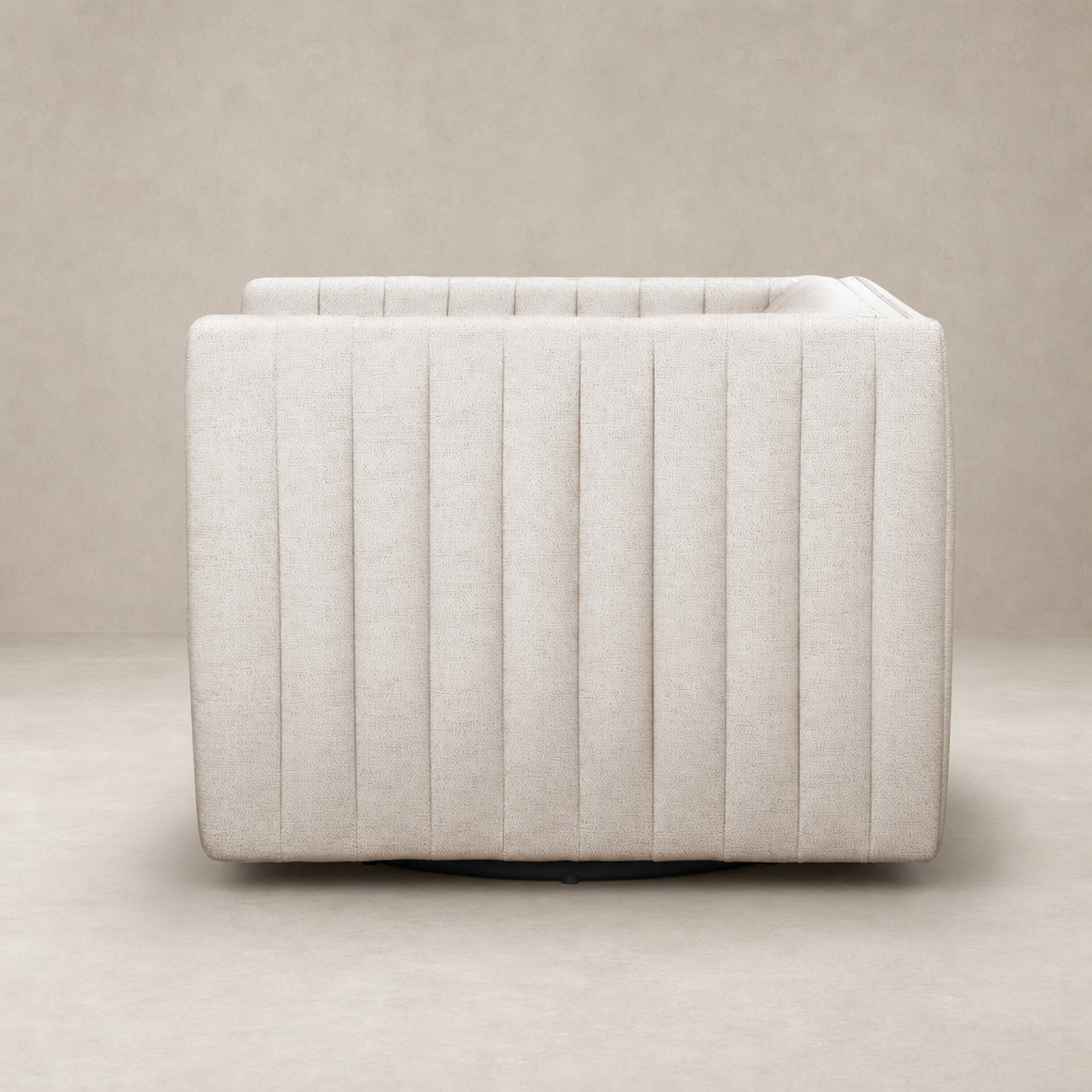 Auden Swivel Chair in Dover Crescent with a sleek, ribbed fabric design.