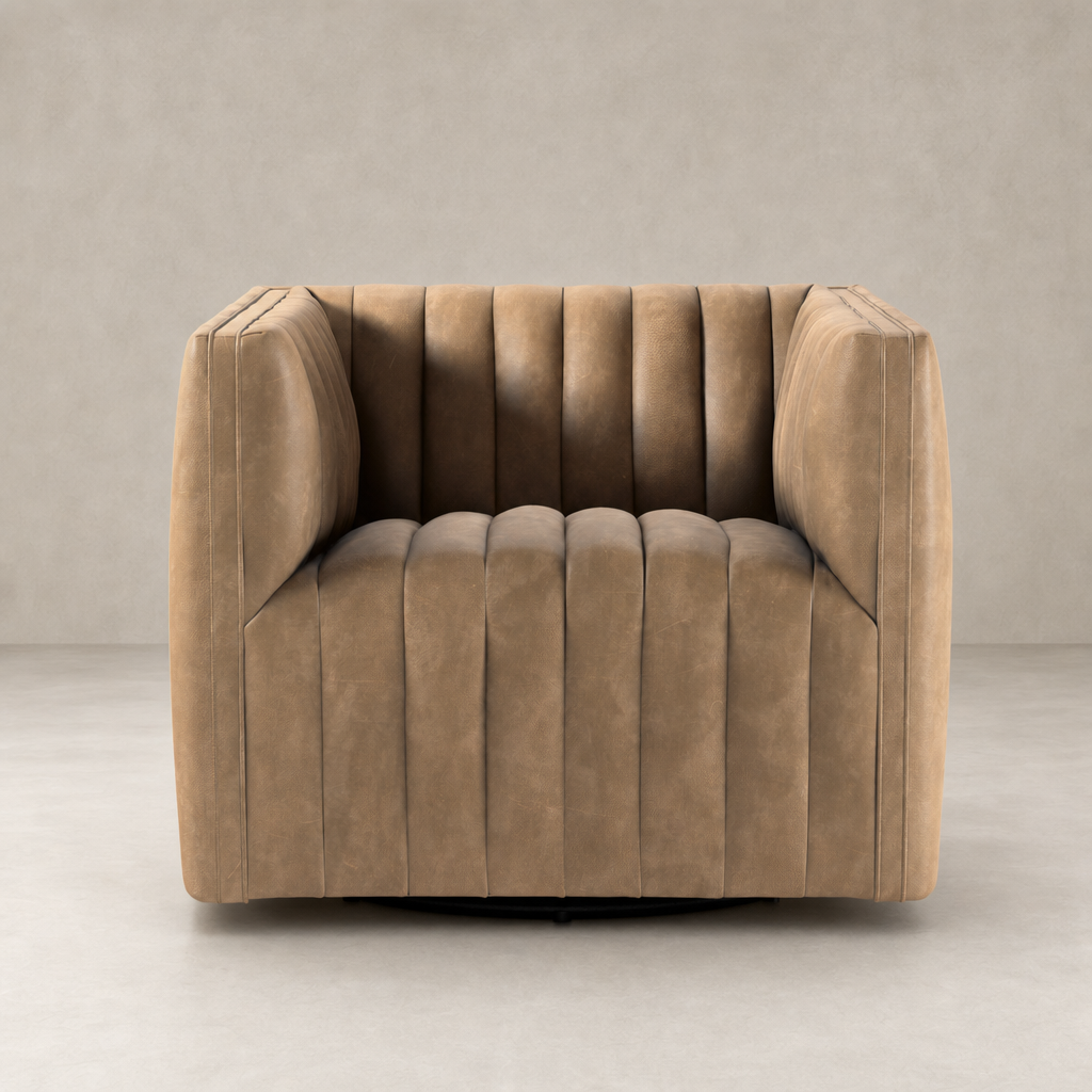 Auden Swivel Chair in Palermo Drift with a sleek, tufted design and smooth finish.