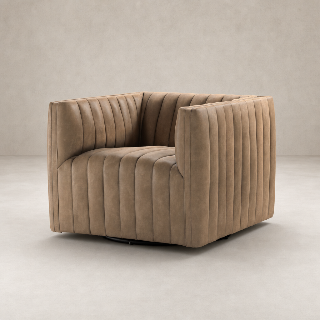 Auden Swivel Chair in Palermo Drift features a modern ribbed design and plush seating.