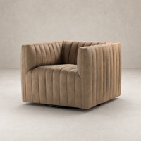 Auden Swivel Chair in Palermo Drift features a modern ribbed design and plush seating.