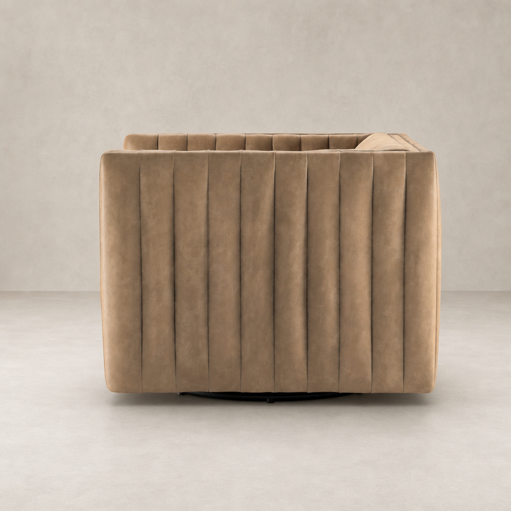 Auden Swivel Chair in Palermo Drift, showcasing a sleek, ribbed design and modern finish.