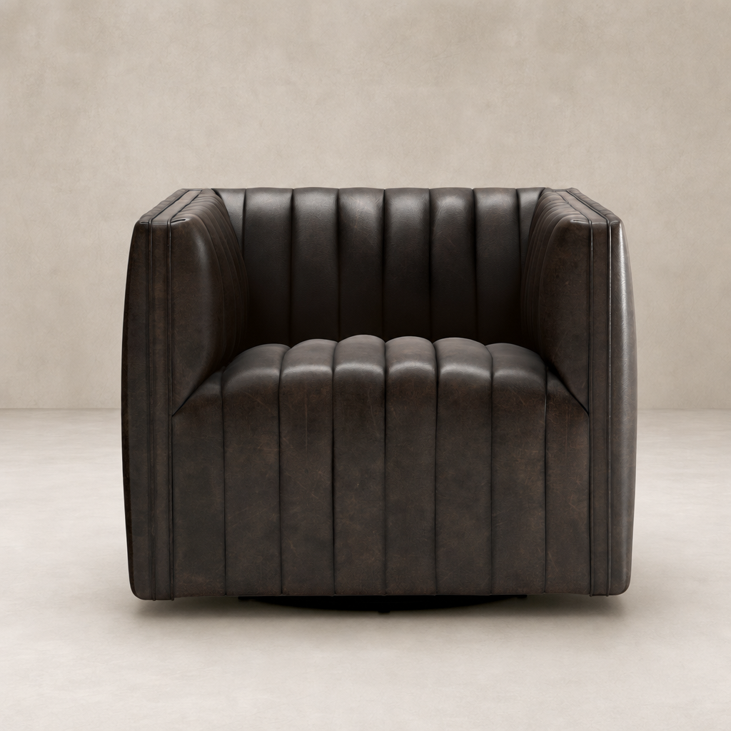 Auden Swivel Chair in Deacon Wolf with plush tufted design and deep seating.