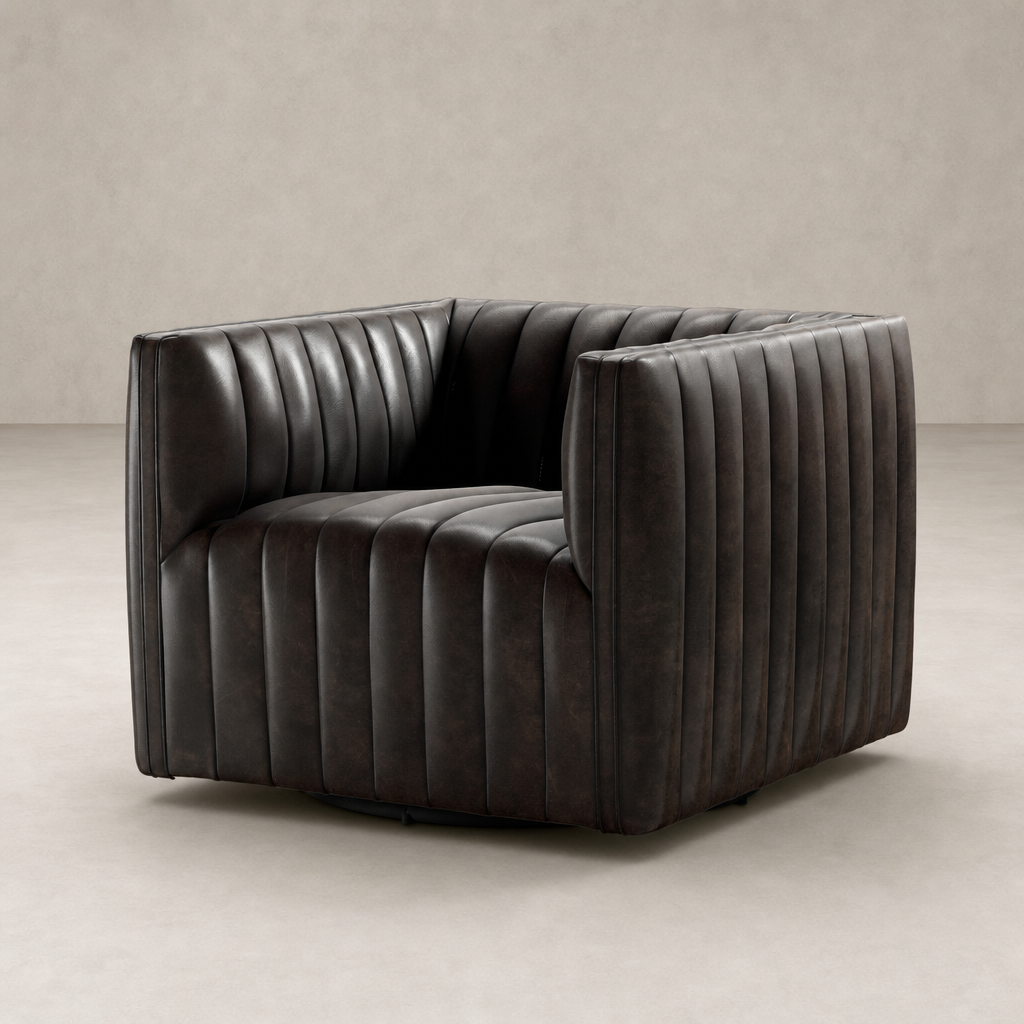 Auden Swivel Chair in Deacon Wolf features a modern design with vertical channeling.