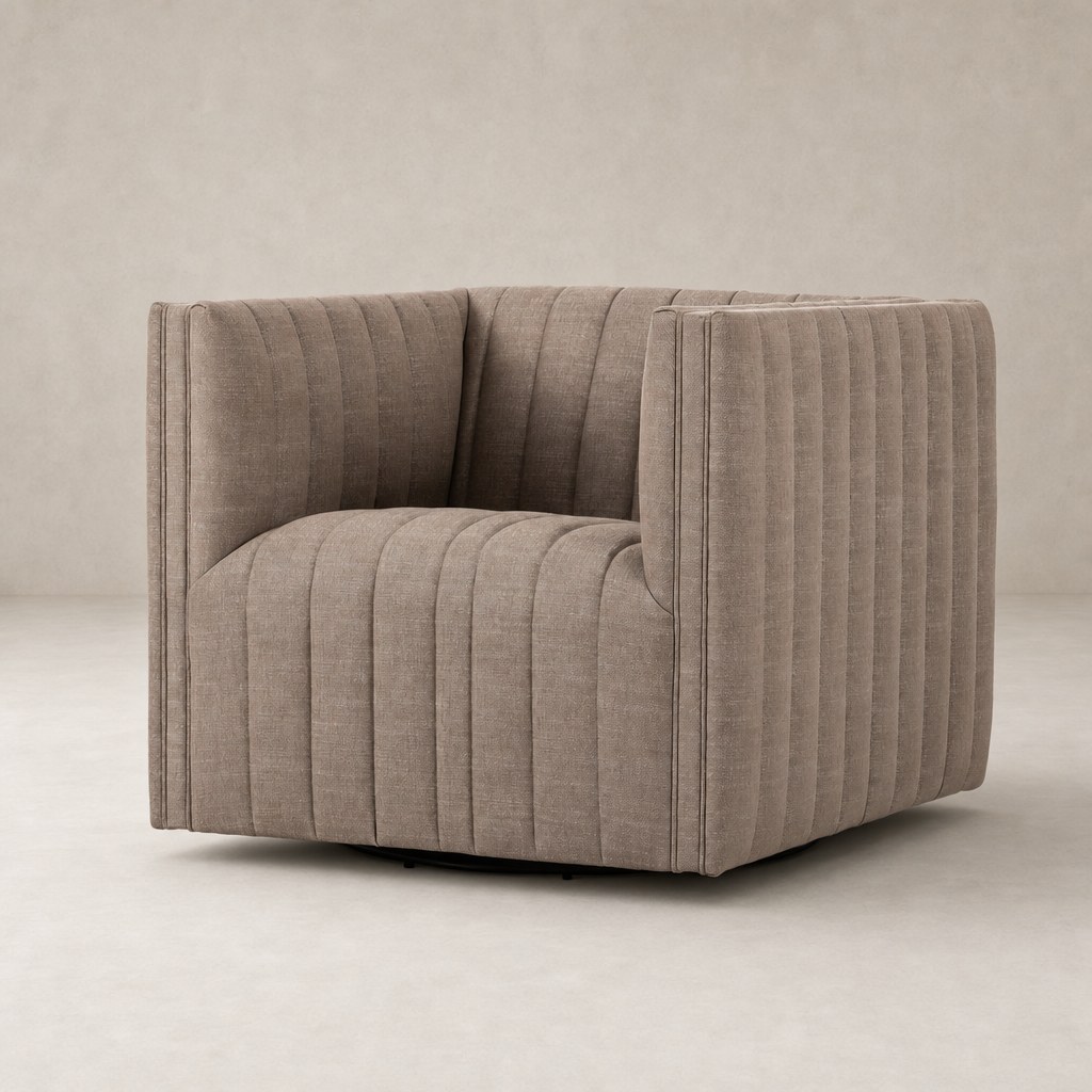 Auden Swivel Chair in Crypton Nomad Taupe with a plush, ribbed texture.