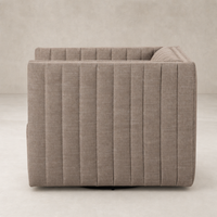 Auden Swivel Chair in Crypton Nomad Taupe with vertical stripe detailing.