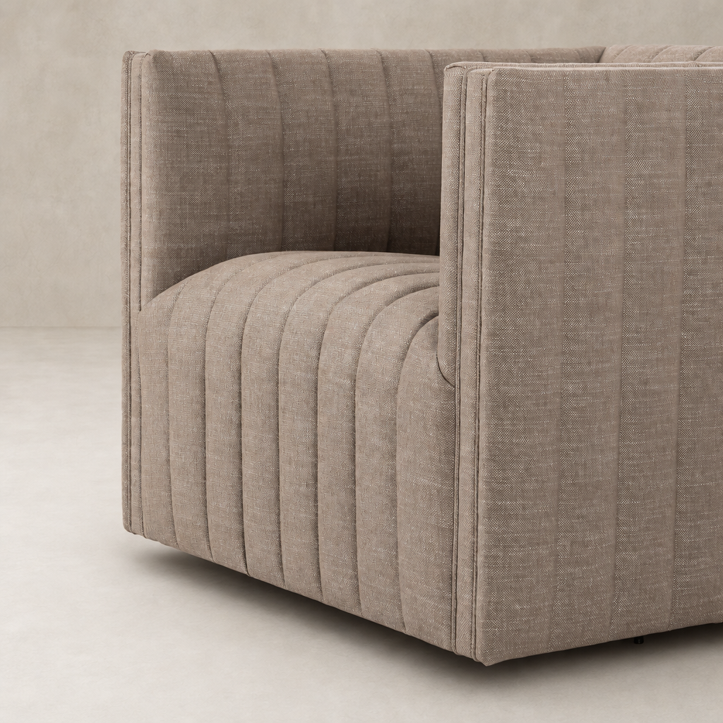 Auden Swivel Chair in Crypton Nomad Taupe with textured, ribbed fabric design.