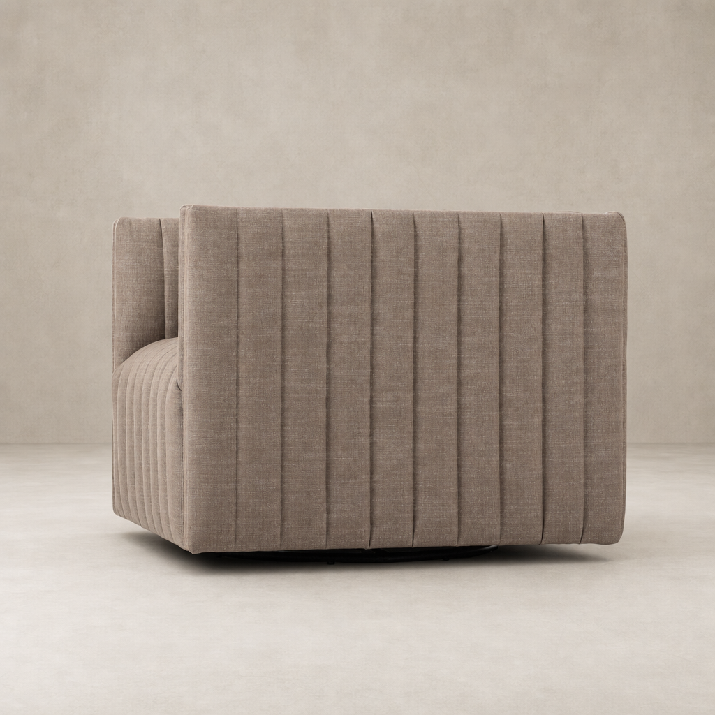 Auden Swivel Chair in Crypton Nomad Taupe with ribbed upholstery and sleek design.