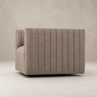 Auden Swivel Chair in Crypton Nomad Taupe with ribbed upholstery and sleek design.