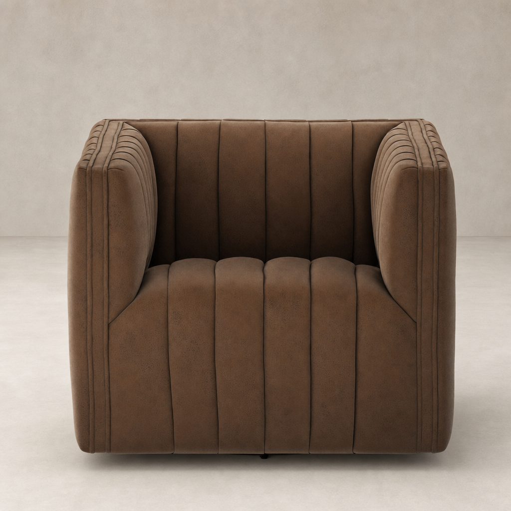 Auden Swivel Chair in Maestro Cigar with plush tufted upholstery and modern design.