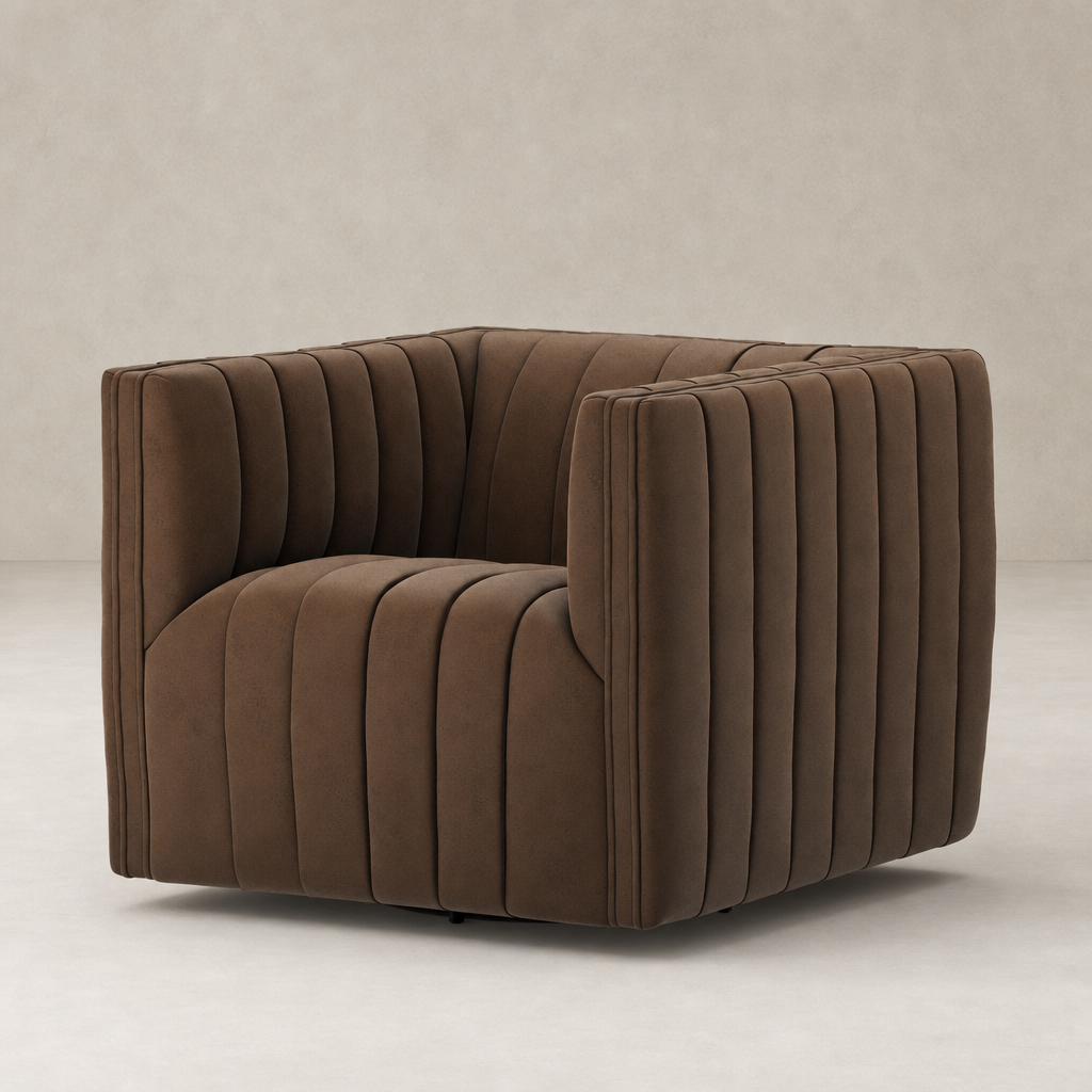 Auden Swivel Chair in Maestro Cigar featuring plush, tufted upholstery and a modern design.