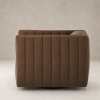 Auden Swivel Chair in Maestro Cigar featuring a sleek, vertically striped design.