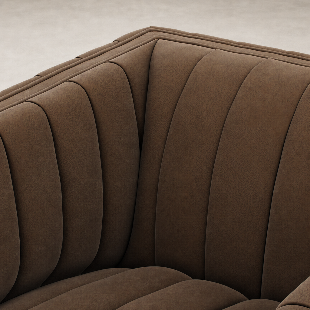Close-up of Auden Swivel Chair in Maestro Cigar featuring textured, ribbed upholstery.