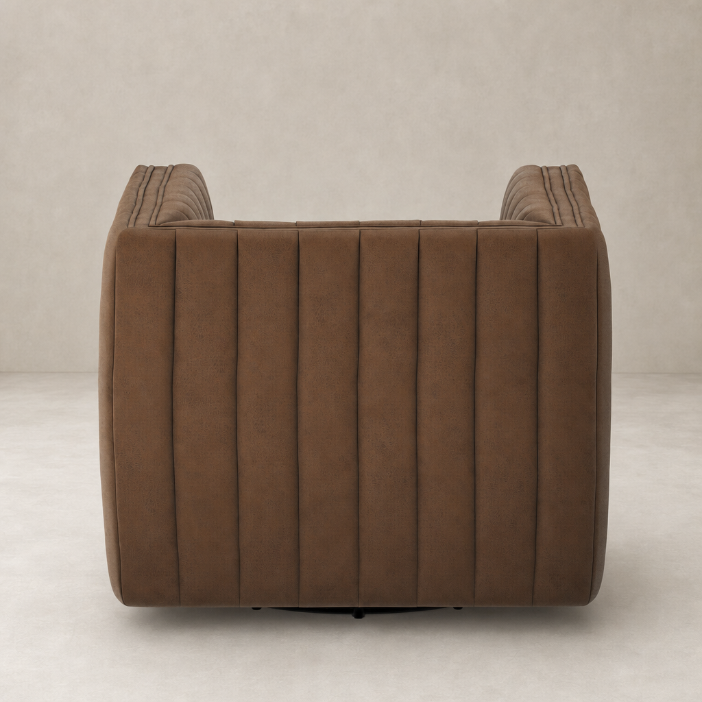 Auden Swivel Chair in Maestro Cigar with plush, vertical ribbed detailing and a sleek silhouette.