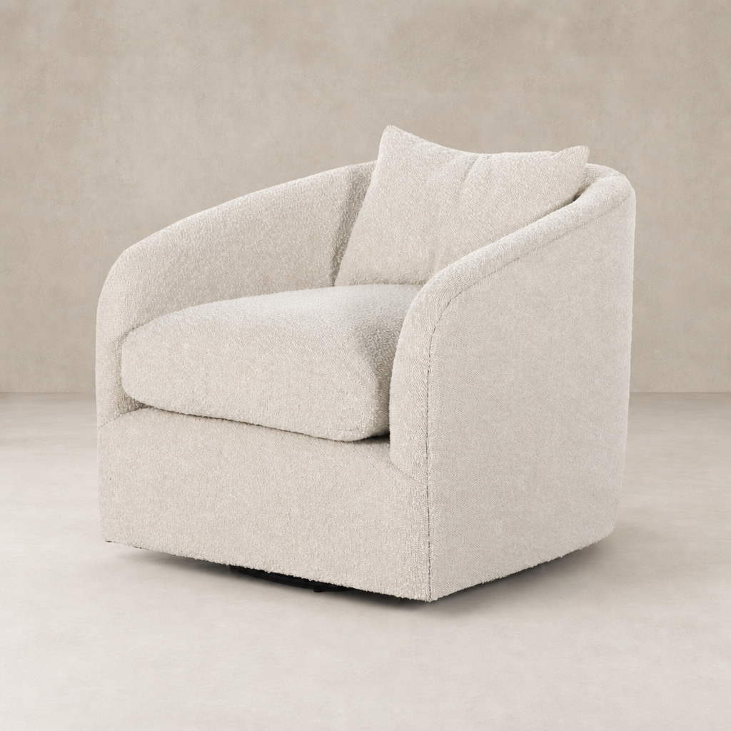 Magnolia Swivel Chair in Knoll Natural with a plush, textured finish and curved design.