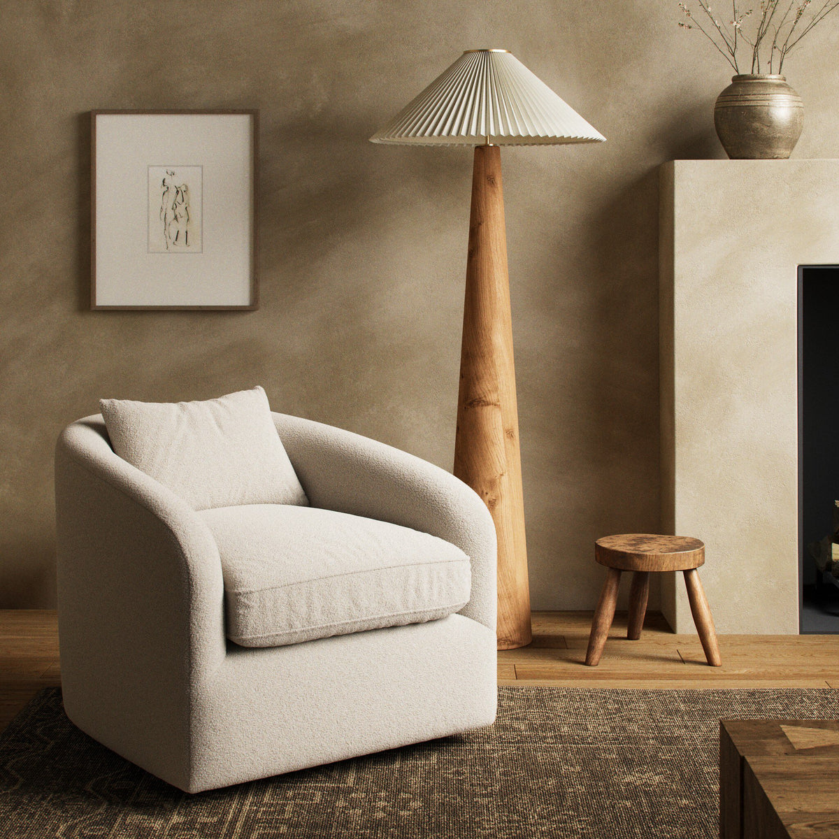 Magnolia Swivel Chair in Knoll Natural, featuring a rounded shape and plush upholstery.