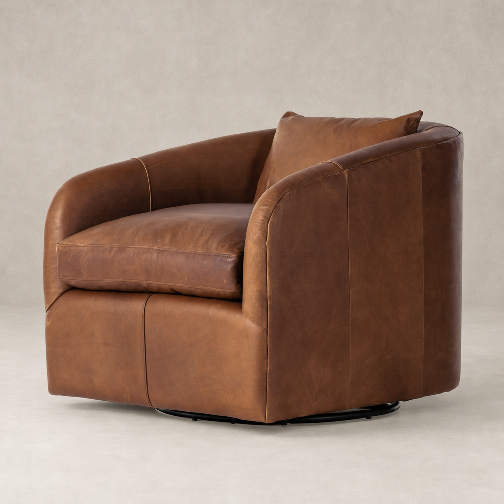 Magnolia Swivel Chair in Heirloom Sienna featuring rounded arms and plush cushioning.